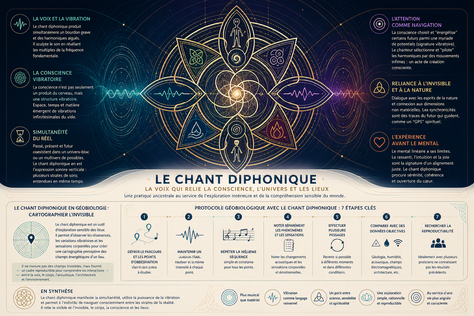 Composition géométrique contemporaine sur fond bleu nuit : un mandala central formé de cercles harmoniques, de lignes fines dorées et d’entrelacs d’inspiration celtique relie des symboles de vibration, de conscience, de nature et de navigation. Des ondes colorées évoquent le bourdon, les harmoniques et la cartographie sensible d’un lieu.